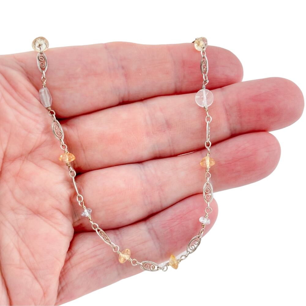Vintage Sterling Silver 925 Aquamarine Citrine Scroll Necklace 16"